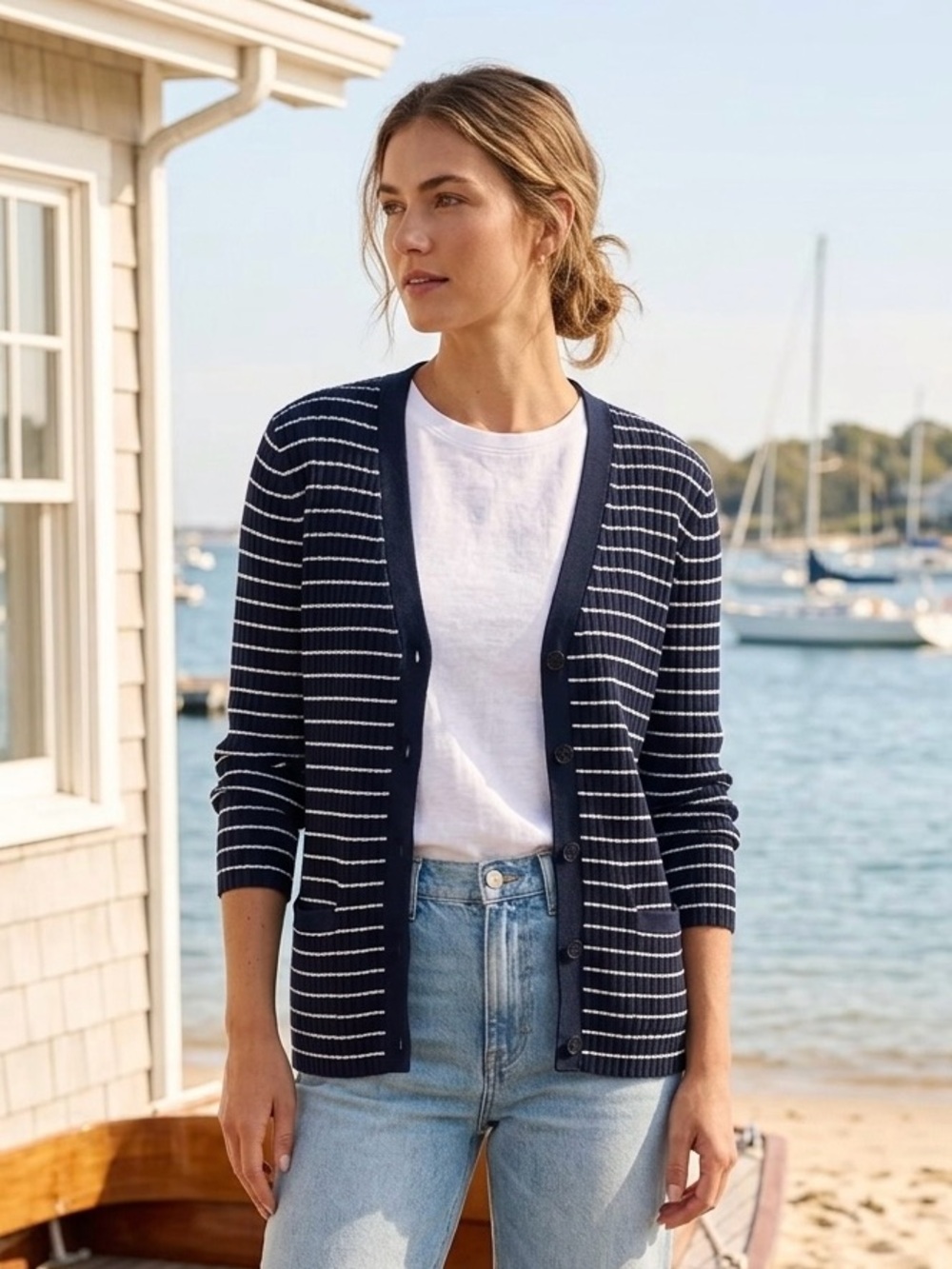 Lauren Ralph Lauren Striped Ribbed V-Neck Cardigan L